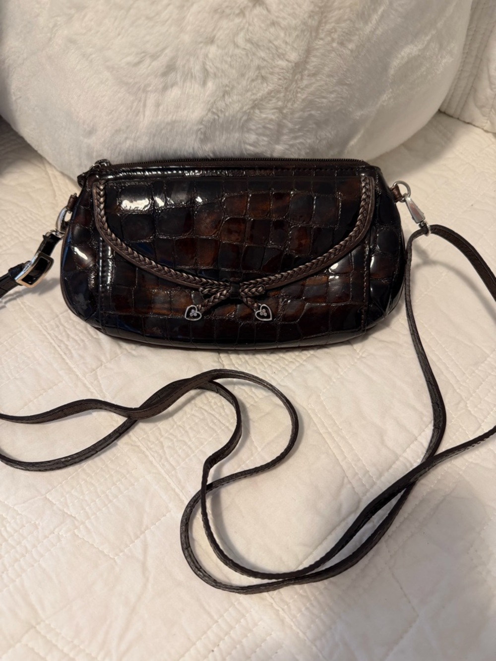 Brighton Brown Croc-Embossed Patent Crossbody Mini Organizer 9x4.5